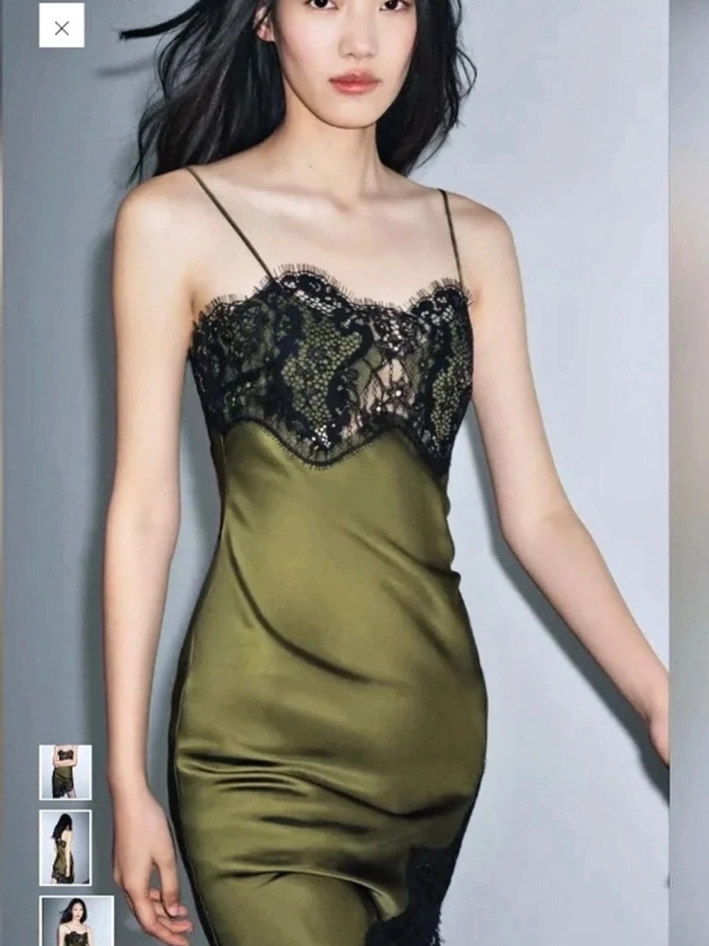 Zara Satin Lace Asymmetrical Camisole Dress Mini Green & Black Small